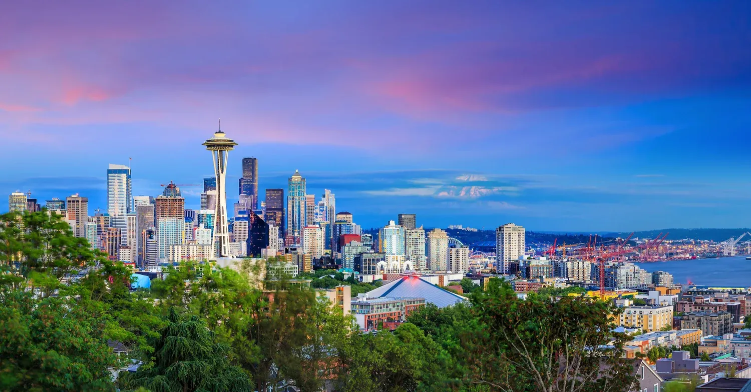 The Seattle skyline at dusk, with the Space Needle