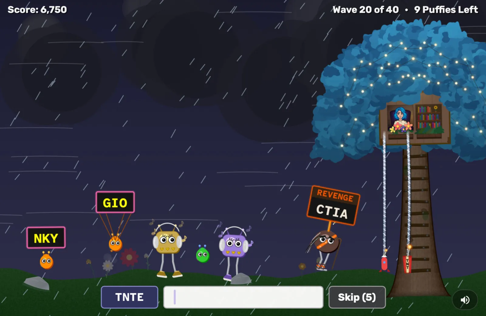 Sky Nook gameplay at night—rain falling, the firefly-lit treehouse on the right, monster Puffies advancing across the meadow, and a word-entry box below