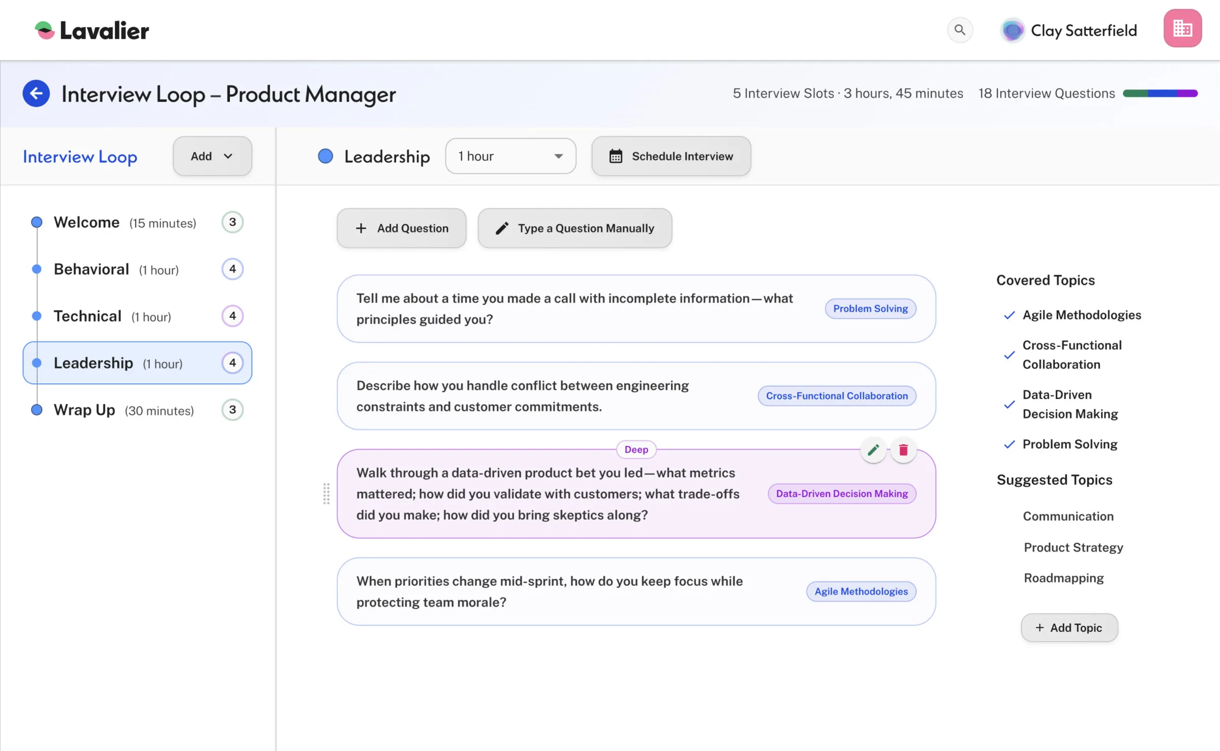 Lavalier’s Interview Loop builder for a Product Manager role—the staged interview plan on the left, AI-suggested questions in the center, and the covered competency topics on the right