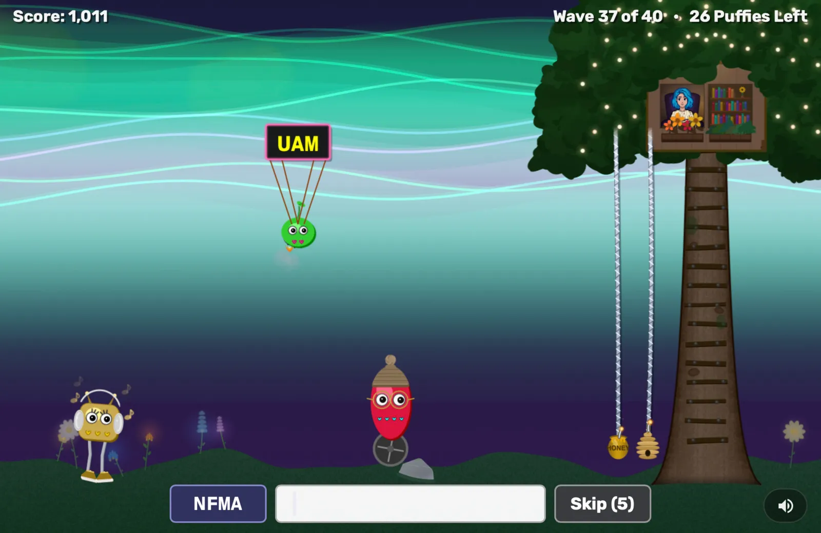 Sky Nook gameplay under a green aurora at dusk—a Puffy parachuting in with a letter sign, the lit treehouse on the right, and the word-entry box below