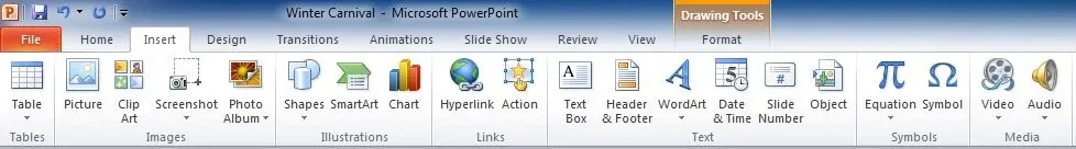 The Insert tab of the Microsoft Office Ribbon in PowerPoint 2010