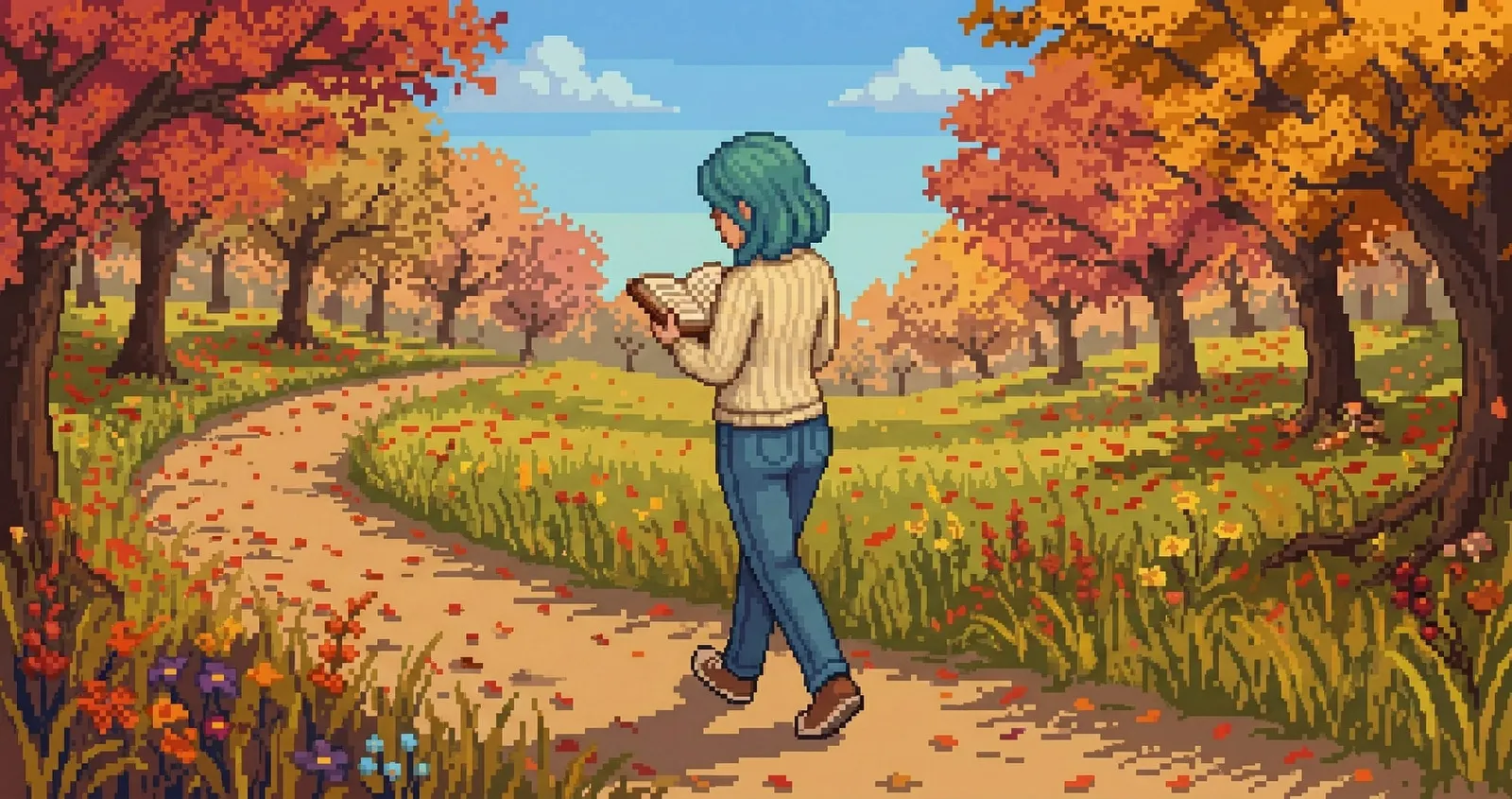 Sky walking a winding autumn path, reading an open book among red-and-gold trees