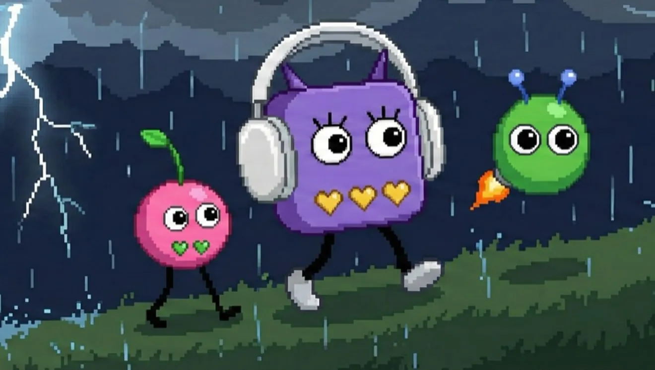 The three Puffies—a pink cherry, a purple monster wearing headphones, and a green one—walking through a lightning storm