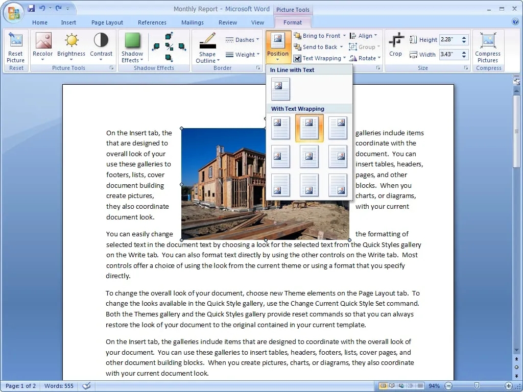 Microsoft Word with a visual dropdown gallery menu