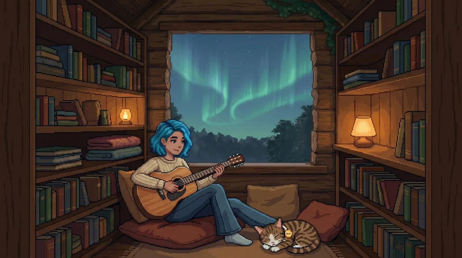 Sky relaxing under the northern lights with a sleeping cat, the storm long gone