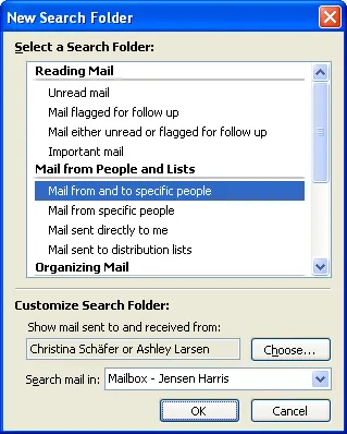 Making a new Search Folder dialog box