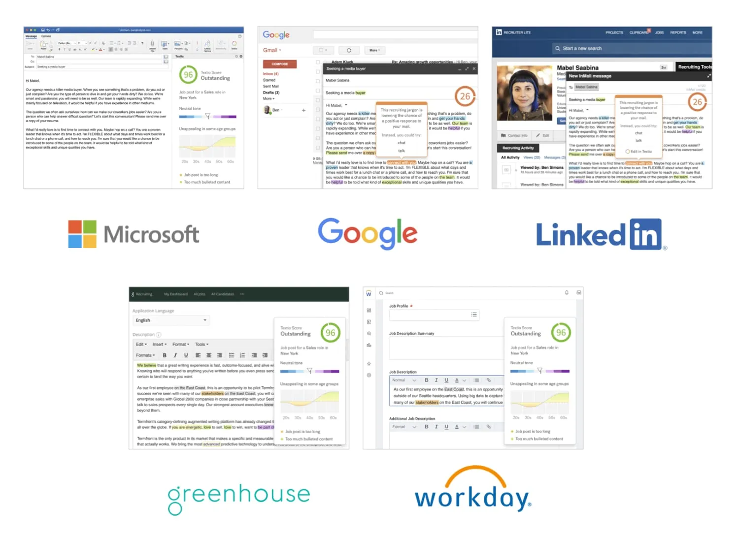 Textio in Outlook, Gmail, LinkedIn, Workday, and Greenhouse