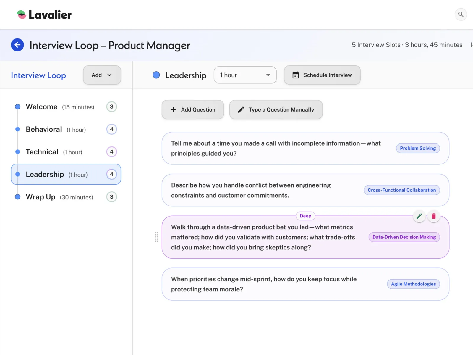 Lavalier’s Interview Loop—the staged interview plan and AI-suggested questions for a Product Manager role