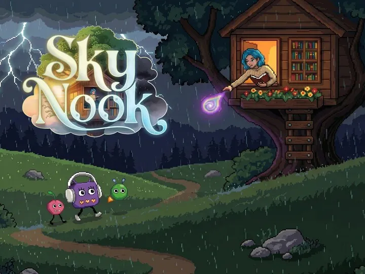 The Sky Nook title art—a treehouse reading nook in a thunderstorm